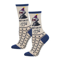 Two socks with a design of George Washington wearing sunglasses and a party hat, with 'Party Like It's 1776' text  and blue accents