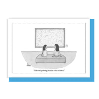 A black-and-white cartoon illustration on a white notecard with a blue envelope behind the notecard, showing two people sitting on a bench in front of a framed abstract painting. The caption reads, 'I like this painting because it has a bench.