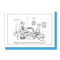 A black-and-white cartoon drawing on a white notecard with a blue envelope, showing a doctor pouring a drink to a seated patient in a room. The caption reads, 
