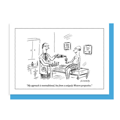 A black-and-white cartoon drawing on a white notecard with a blue envelope, showing a doctor pouring a drink to a seated patient in a room. The caption reads, 