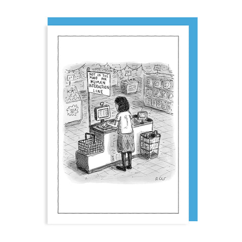 A white greeting card featuring a black-and-white cartoon illustration of a cashier standing at a checkout counter in a store, with a blue border and matching blue backing card visible around it. The text on the cashier line reads 
