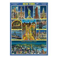 A print of a collage of images of New York City's iconic sites on a blue background