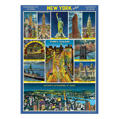 A print of a collage of images of New York City's iconic sites on a blue background