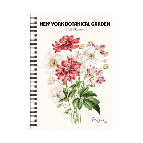 A spiral-bound 2027 planner from the New York Botanical Garden, featuring a vintage-style botanical illustration of pink, white, and red flowers with green leaves