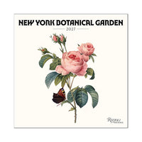 A square wall calendar cover for the New York Botanical Garden 2027, featuring a vintage-style botanical illustration of pink roses, green leaves, and a butterfly.