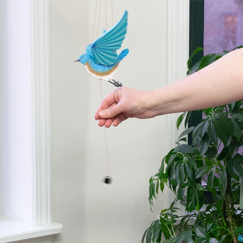 A blue bird-shaped hanging ornament or wind spinner with a small black weight on a string, being held by a person's hand indoors near a window and green plant.
