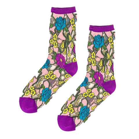 A pair of sheer patterned socks with vibrant purple cuffs, heels, and toes, featuring a colorful floral design.