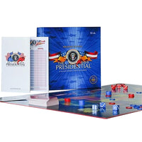 The Presidential board game set with a blue game board, white score sheet, white instruction booklet, and red and blue checkers.