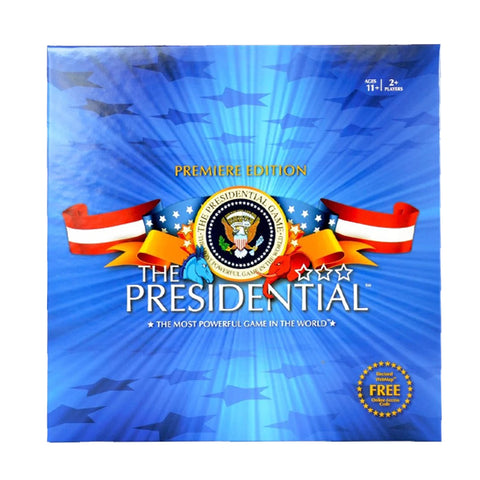 The Presidential Premiere Edition board game box, features a blue patriotic design with stars, a presidential seal, and red, white, and blue flag graphics.