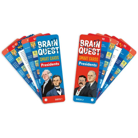 Two decks of Brain Quest Smart Cards Presidents fanned out on a white background. The cards feature colorful graphics with portraits of historical US presidents and text indicating Deck 1 and Deck 2.