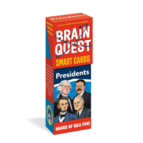 Brain Quest Smart Cards: Presidents Anniversary Edition box, featuring a red and blue design with illustrations of four U.S. Presidents