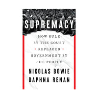 Book cover for 'Supremacy' by Nikolaos Bowie and Daphna Renan, featuring a black-and-white illustration at the top, a white marble-textured lower section, and red vertical side bars.