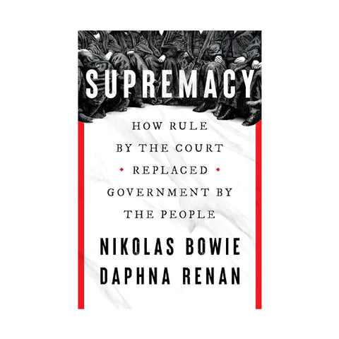 Book cover for 'Supremacy' by Nikolaos Bowie and Daphna Renan, featuring a black-and-white illustration at the top, a white marble-textured lower section, and red vertical side bars.