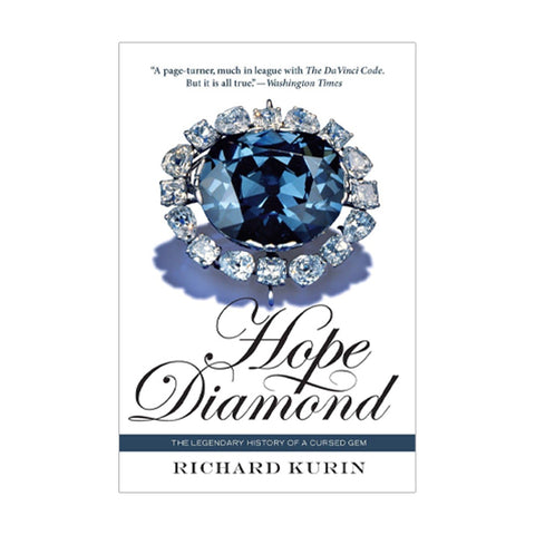Book cover for 'Hope Diamond' by Richard Kurin, featuring a large blue diamond pendant surrounded by clear stones with a black script title text.