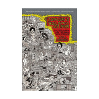 Book cover of 'Love Goes To Buildings on Fire' by Will Hermes, featuring a dense black and white cartoon illustration of people and city scenes with a bold red title box outlined in yellow.