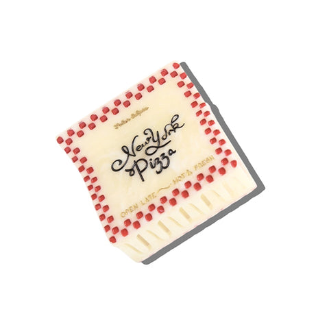 A square-shaped New York Pizza Box with a red dotted border, black cursive logo, and gold text details.