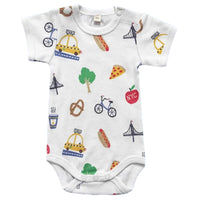 A white body suit with New York icons as a scattered print in the colors yellow, blue, green, red, blue, and black.