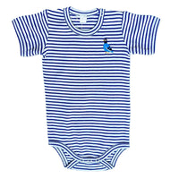 Blue pin stripe body suit with small emblem on the right chest of a blue and black pigeon with yellow accents