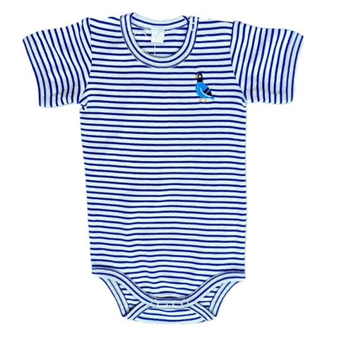 Blue pin stripe body suit with small emblem on the right chest of a blue and black pigeon with yellow accents