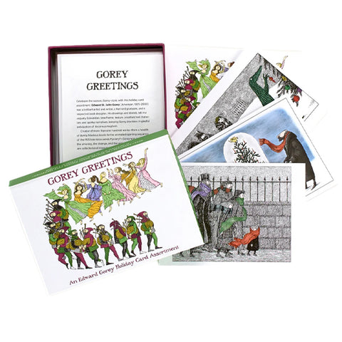 Gorey Greetings card set with a small presentation box, a greeting card, and several illustrated cards arranged on a white background. The cards feature vintage-style holiday illustrations and text including 'GOREY GREETINGS'.