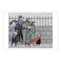 A notecard featuring a whimsical, sketch-style illustration of a family in winter clothing with colorful scarves, set against a black and white background with a white border.