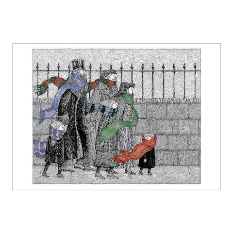 A notecard featuring a whimsical, sketch-style illustration of a family in winter clothing with colorful scarves, set against a black and white background with a white border.