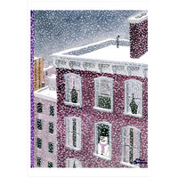 A square card featuring a winter city scene with snow falling over a red brick building, white rooftops, dark windows, and a small snowman figure near one window.