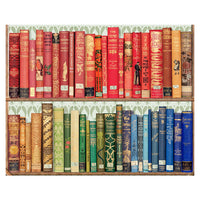 A color illustration featuring two rows of vintage book spines on a wooden shelf, with a green-and-white patterned border around the edges. The books are arranged in many colors including red, orange, yellow, green, blue, and brown.