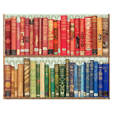 A color illustration featuring two rows of vintage book spines on a wooden shelf, with a green-and-white patterned border around the edges. The books are arranged in many colors including red, orange, yellow, green, blue, and brown.