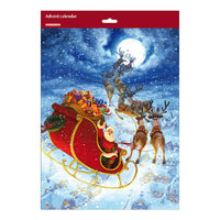 An advent calendar featuring a festive illustration of Santa Claus in a red sleigh pulled by reindeer under a full moon, with a red header at the top reading 'Advent calendar'.
