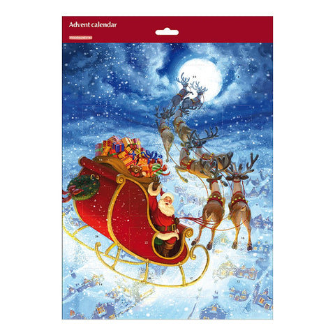 An advent calendar featuring a festive illustration of Santa Claus in a red sleigh pulled by reindeer under a full moon, with a red header at the top reading 'Advent calendar'.