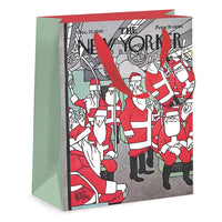 A New Yorker magazine cover gift bag featuring a holiday cartoon illustration of Santa Claus characters on the front cover, with a red handle and mint green side panels.
