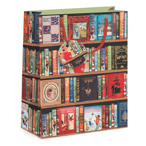 A gift bag featuring an illustration of three bookshelves filled with vintage books, with a red handle
