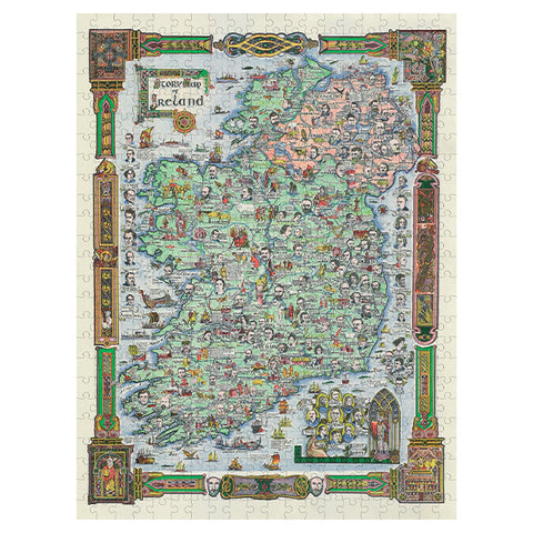 A completed illustrated puzzle showing a detailed map of Ireland, with ornate decorative borders and many small historical figures and scenes, photographed against a plain white background.