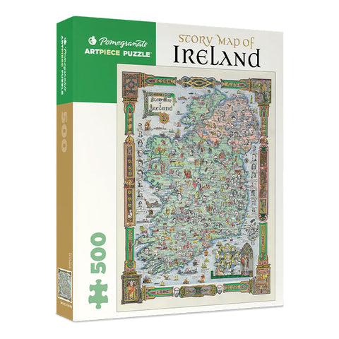 A 'Story Map of Ireland', featuring a 500-piece puzzle with an illustrated vintage map of Ireland on the front, set against a plain white background.