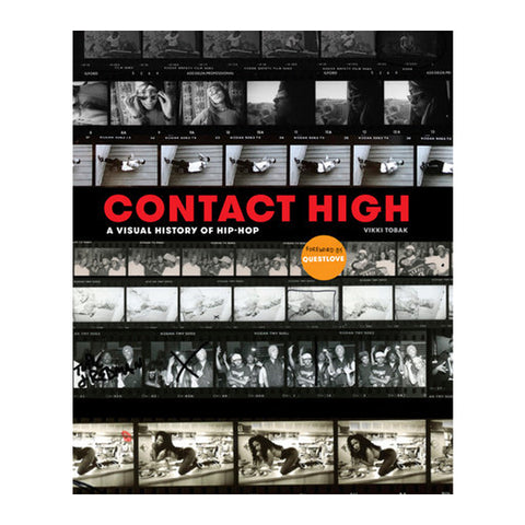 Book cover of 'Contact High: A Visual History of Hip-Hop' by Vikki Torak, featuring a collage of black-and-white film stills with a bold red title and a small orange 'Picks Your Own Questions' badge.