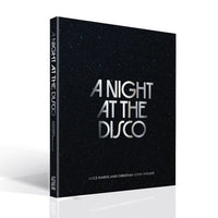 A hardcover art book titled 'A Night at the Disco' by Alice Harris and Christian John Wikane, featuring a textured black cover and spine with silver lettering, shown on a white background with a soft reflection.
