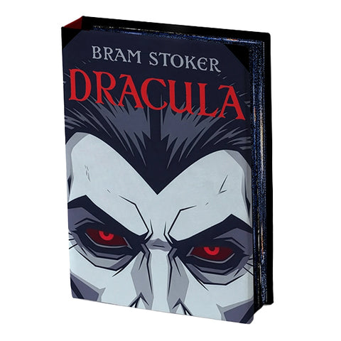 A front view of the book light of Bram Stoker's Dracula, shown at a three-quarter angle on a plain white background. The cover features a stylized illustration of Dracula's face with pale gray skin, black hair, and piercing red eyes, with the title 'DRACULA' in bold red letters.