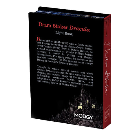A back cover view of a book light titled 'Bram Stoker Dracula' is shown at an angle against a plain white background. 