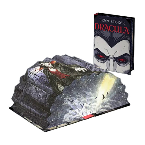A book light of Bram Stoker's Dracula, shown open to reveal a dramatic illustration of Dracula in a dark room with bats in the background with a beam of light, alongside a smaller inset view of the closed book cover.