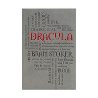 A front cover featuring a word cloud design with the word 'DRACULA' in large red letters and smaller black and gray text surrounding it, shown against a plain white background.