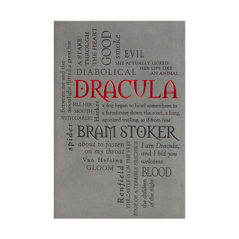 A front cover featuring a word cloud design with the word 'DRACULA' in large red letters and smaller black and gray text surrounding it, shown against a plain white background.