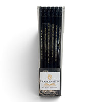A set of six black pencils in a clear plastic sleeve with a white label reading 'Frankenstein by Mary Shelley.'