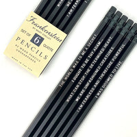 A set of six black wood quote pencils with white text, featuring a vintage-style paper label that reads 'Frankenstein by Mary Shelley' and 'Set of 6 Quote Pencils'.