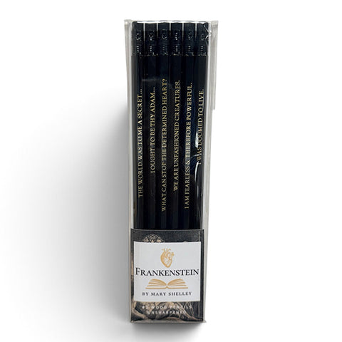 A set of six black pencils in a clear plastic sleeve with a white label reading 'Frankenstein by Mary Shelley.'