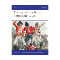 Book cover for 'Armies of the Irish Rebellion 1798' from the Men-at-Arms series by Osprey Publishing, featuring a historical illustration of three 18th-century soldiers in red coats on a white background with blue title bands.
