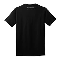 A black short-sleeve t-shirt shown from the back, featuring a small white printed logo at the upper neck that reads 'The New York Historical'.