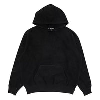 A black fleece pullover hoodie with a front kangaroo pocket and ribbed cuffs, shown flat against a solid white background.