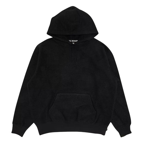 A black fleece pullover hoodie with a front kangaroo pocket and ribbed cuffs, shown flat against a solid white background.