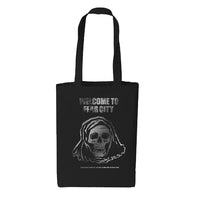 A black canvas tote featuring the text 'WELCOME TO FEAR CITY' above a distressed hooded grim reaper skull illustration, centered on a plain white background with the text "A Survival Guide for Visitors to the City of New York" at the bottom
